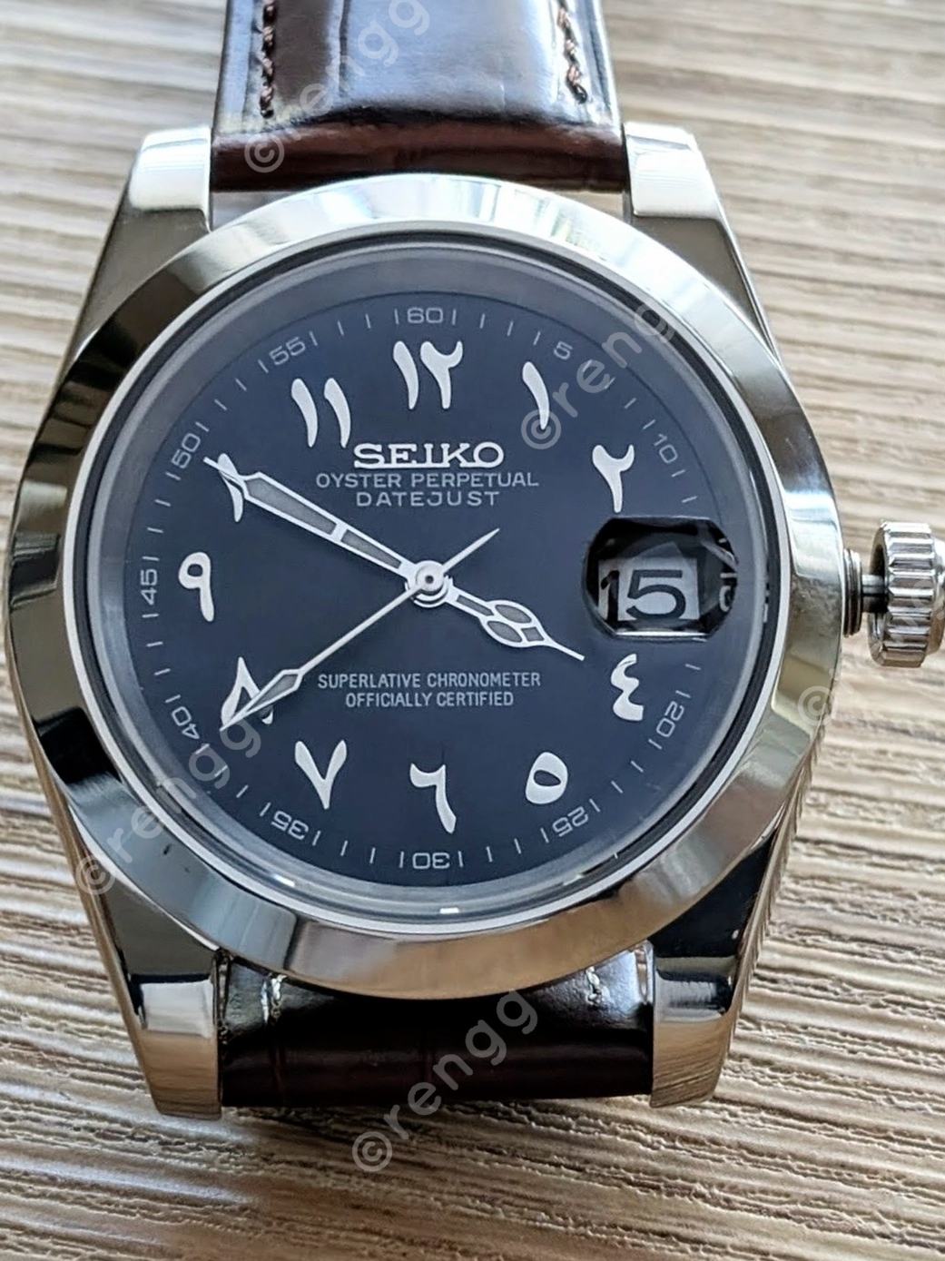 Seiko Automatic Black Arabic Dial Watch With Brown Leather Strap Sapphire